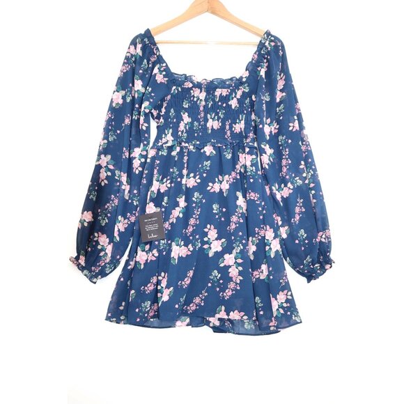 Lulus Floral Navy Blue Off-The-Shoulder Smocked Mini Dress Long Sleeves Womens S - Picture 11 of 15